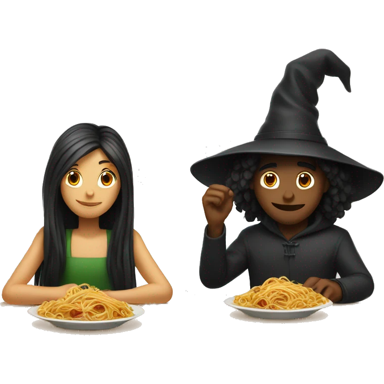 one girl and one guy sitting at a table witch spaghetti  emoji