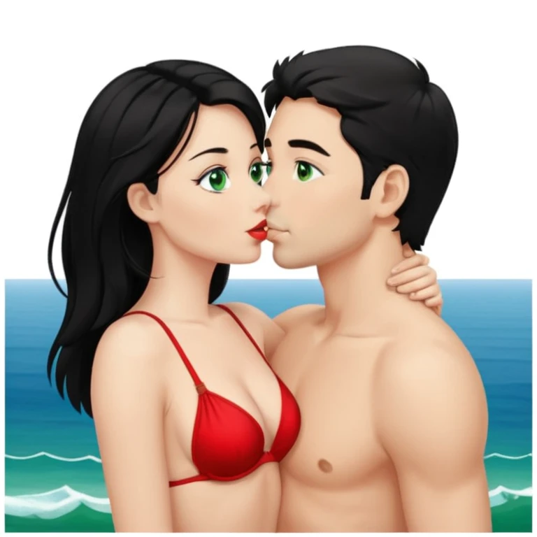 Blonde Woman, green eyes, Red thong, naked breast, Kissing man with blue eyes, black Hair, Background sea  emoji