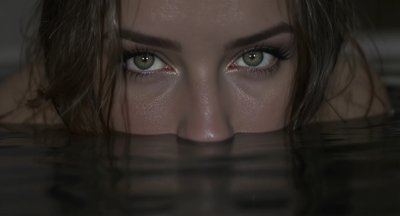 Extreme Closeup photo of a beautifull woman, water reflection on face, low key light, cinematic light, 8K, very detailed, sharp emoji