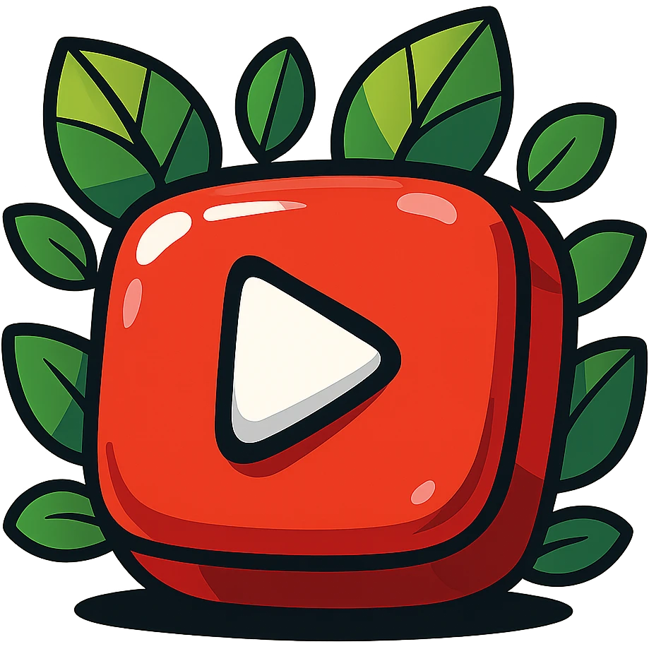chunky, playful YouTube logo, vibrant toon style, bold cartoon outline, dramatic shadows, glossy highlights, surrounded by bright leaves, no background emoji