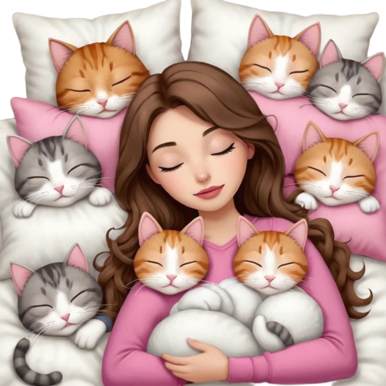 girl with long wavy brown hair, brown eyes, long lashes makeup, sexy pink lips, light to medium complexion,  sleeping on a cozy pillow, with 6 cats: 1 brown and white tabby cat, 1 ginger and white, 2 grey and white, 1 grey with white mittens and small white patch on chest and 1 calico, sleeping emoji