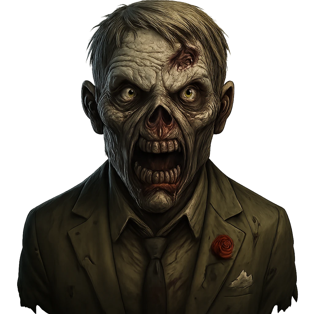 Make the zombie's face scarier while keeping the suit. Remove the background. The style should resemble a scary zombie character with detailed facial features and a frightening expression. emoji