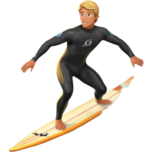 A surfer riding a large wave, skillfully balancing on their board as the ocean crashes around them. The scene captures the energy and excitement of surfing, with the sun setting in the background and the water sparkling under the light. emoji