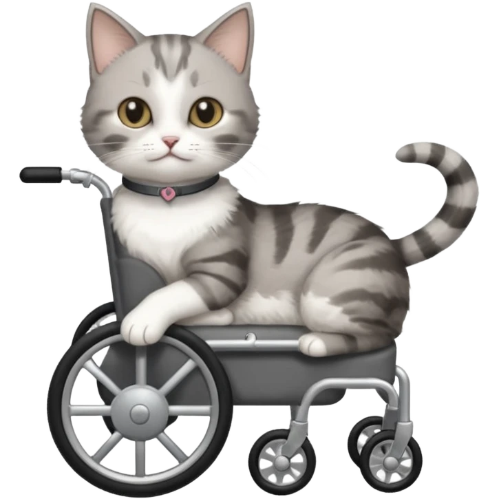 disabled grey and white small cat in a cat wheelchair emoji