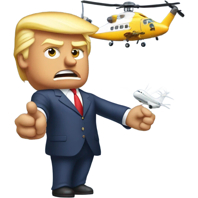 Donald trump by himself holding an airplane in one hand and a helicopter in the other hand smashing them together emoji