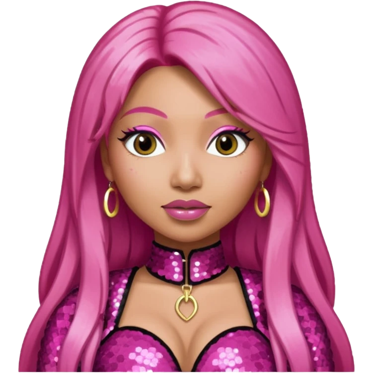 Nicki Minaj with long pink hair, dark pink sequin outfit  emoji
