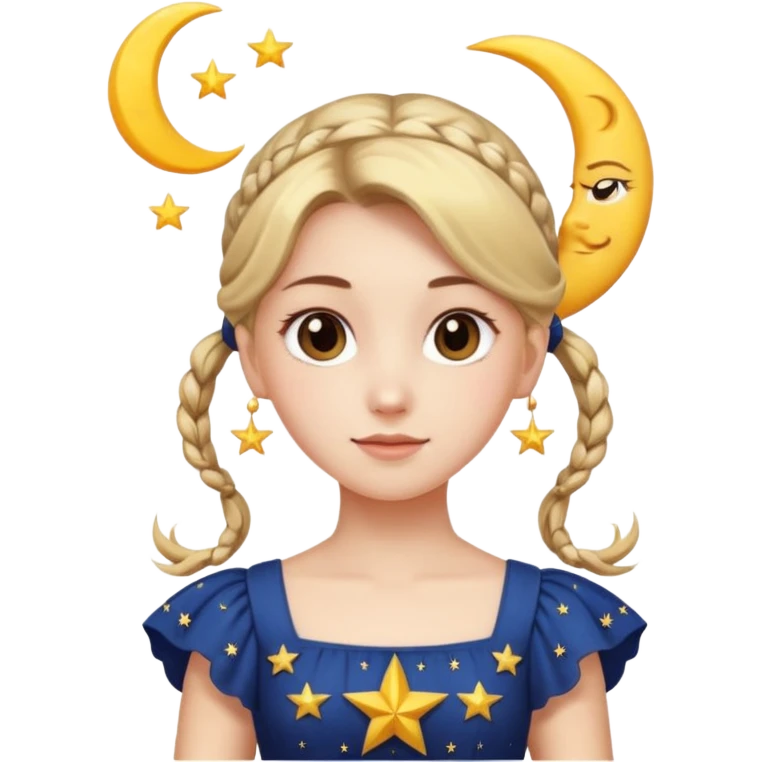 ponytailed girl, sun, moon, star emoji