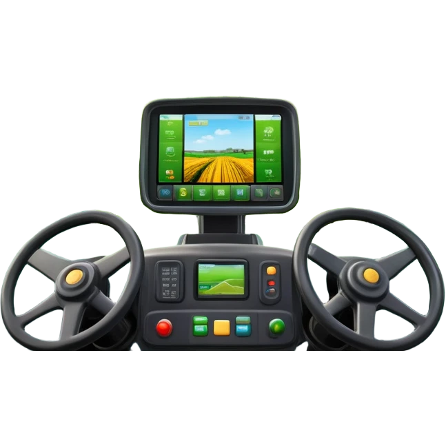 a view from the tractor cabin, with the dashboard in focus, overlooking a vibrant rural landscape. Inspired by Farming Simulator 22, the scene includes fields, crops, and distant barns under a bright sky. The design highlights the immersive experience of farm management. transparent background emoji
