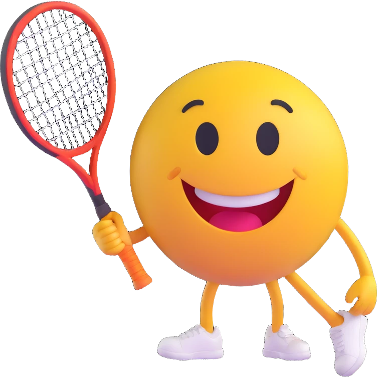 3D smiley emoji, round shape, with tennis racket and ball, sporty face emoji