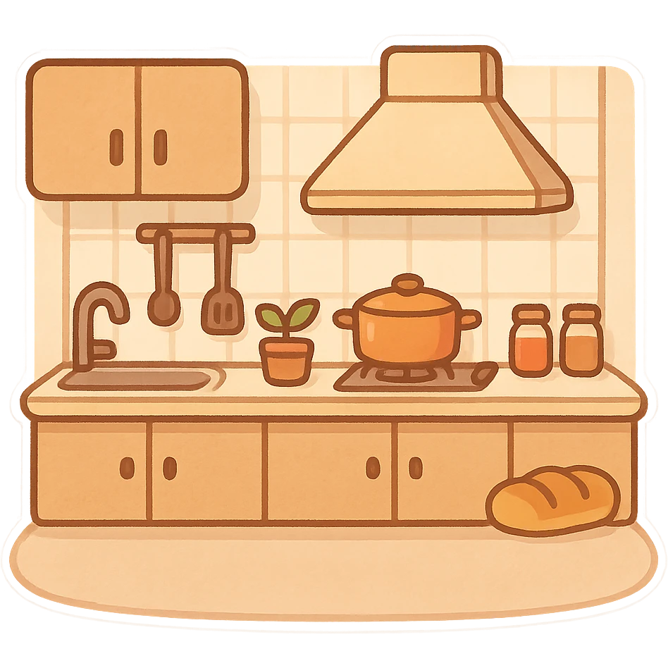 一个温馨的厨房，前面是片空地 emoji