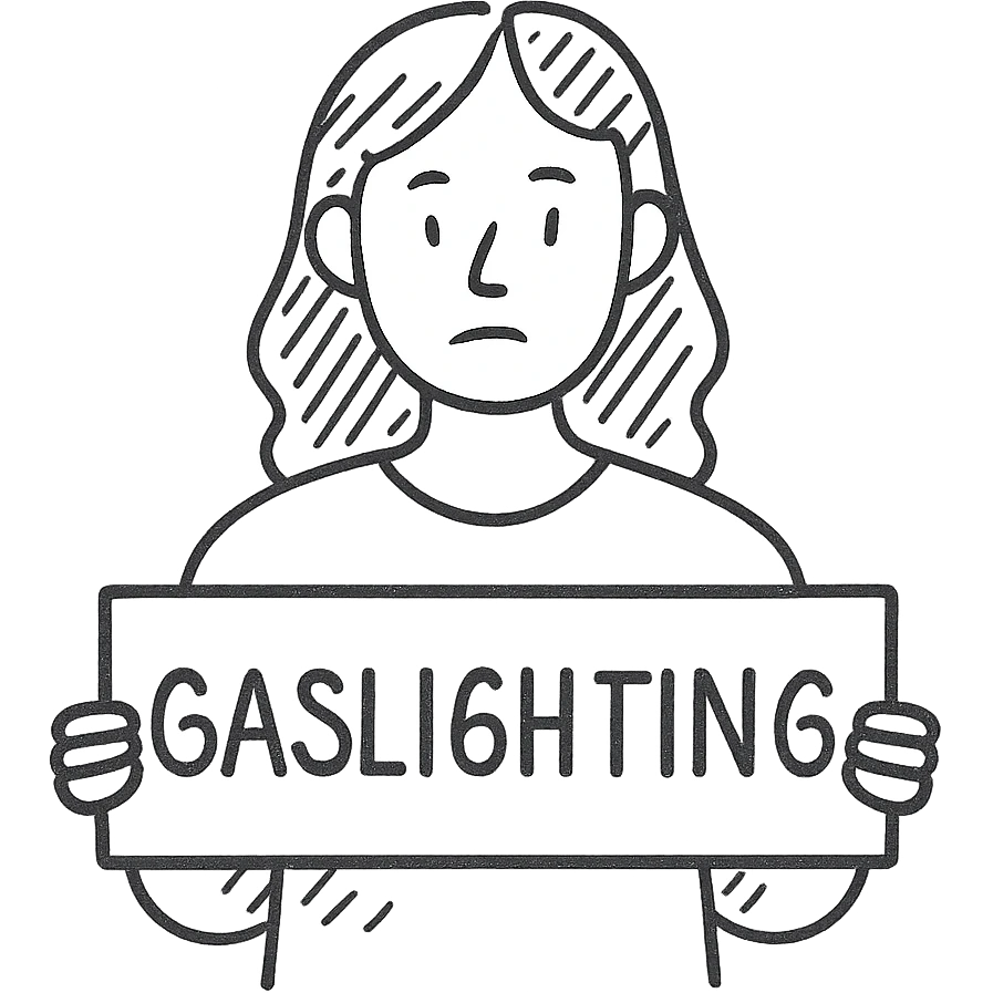 hand-drawn sketch style black and white woman holding a 'Gaslighting' sign emoji