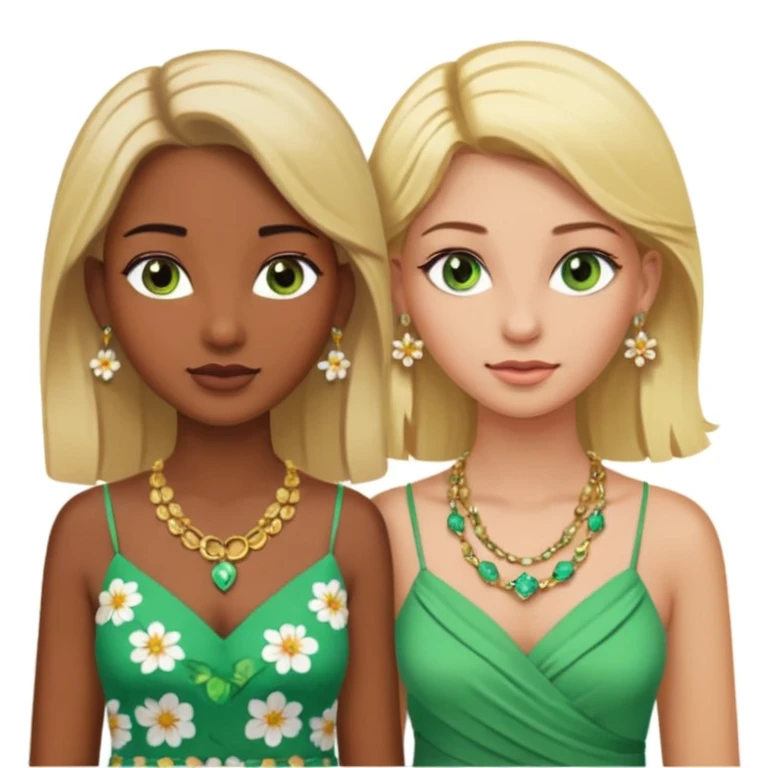 There will be two young women. One with dark brown skin, brown eyes, blonde hair, wearing a lot of necklaces and earrings. The other woman with green eyes, white skin, blonde hair, wearing a necklace and earrings, both wearing flowery dresses. emoji