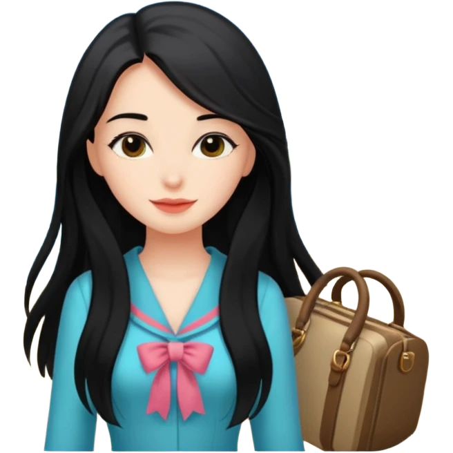검은 긴 머리의 소녀, 바닷가를 좋아하고, 차분한 성격,  여행을 좋아하고, 옷을 차려입은 emoji