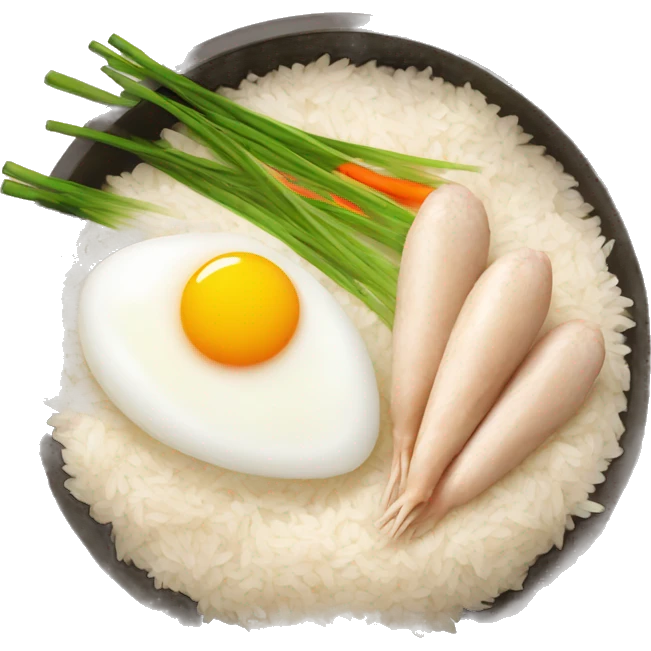 a bowl of rice with two eggs and two chicken drumstick on top emoji