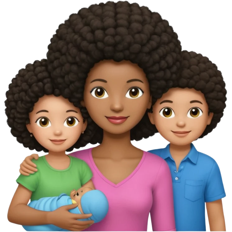 Polaroid photo with a dark woman with an afro hairstyle and a green blouse, two children: a boy with straight hair and a blue shirt, and a baby girl in a pink shirt. All are smiling. emoji