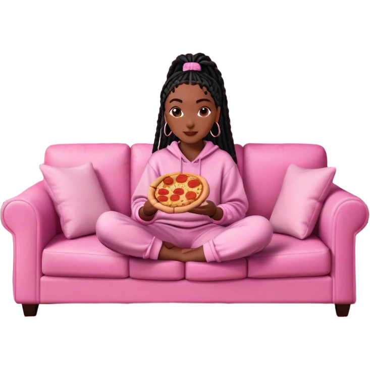 A dark-brown-skinned Black woman with black box braids, sitting on a pink couch, holding an open pizza box.She’s wearing comfy loungewear, looking relaxed and enjoying her food. emoji