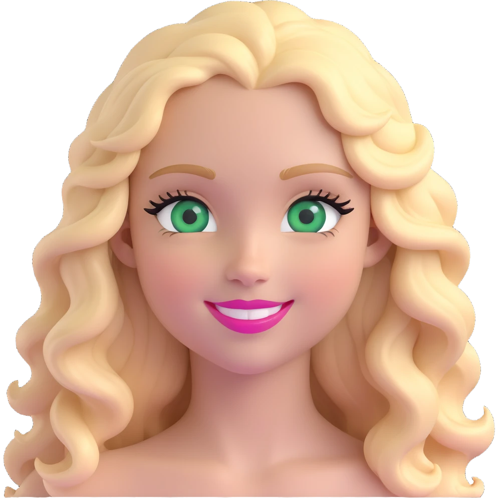 emoji of a girl with green eyes, long blonde wavy hair, long eyelashes, pink lips, smiling emoji