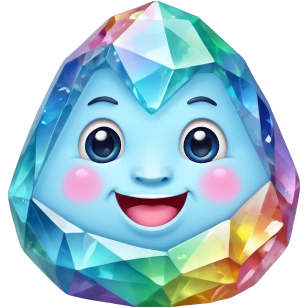 A single pastel rainbow crystal rock character, chubby and heavy with a chunky, irregular polygon shape, not egg-shaped, covered in faceted crystal planes and small chips, soft blue face carved into the rock, big glossy rainbow eyes and a small smiling mout emoji