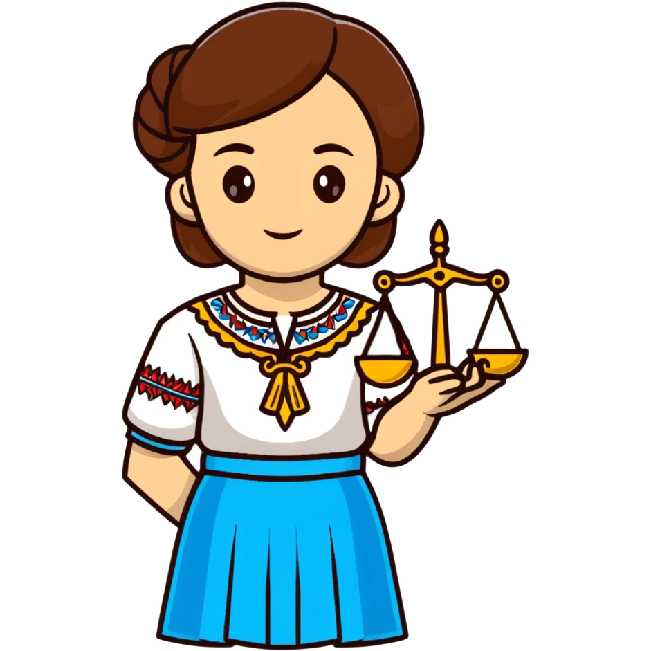 Ukrainian girl with brown hair wearing a traditional embroidered vyshyvanka shirt, holding scales of justice in her hand emoji