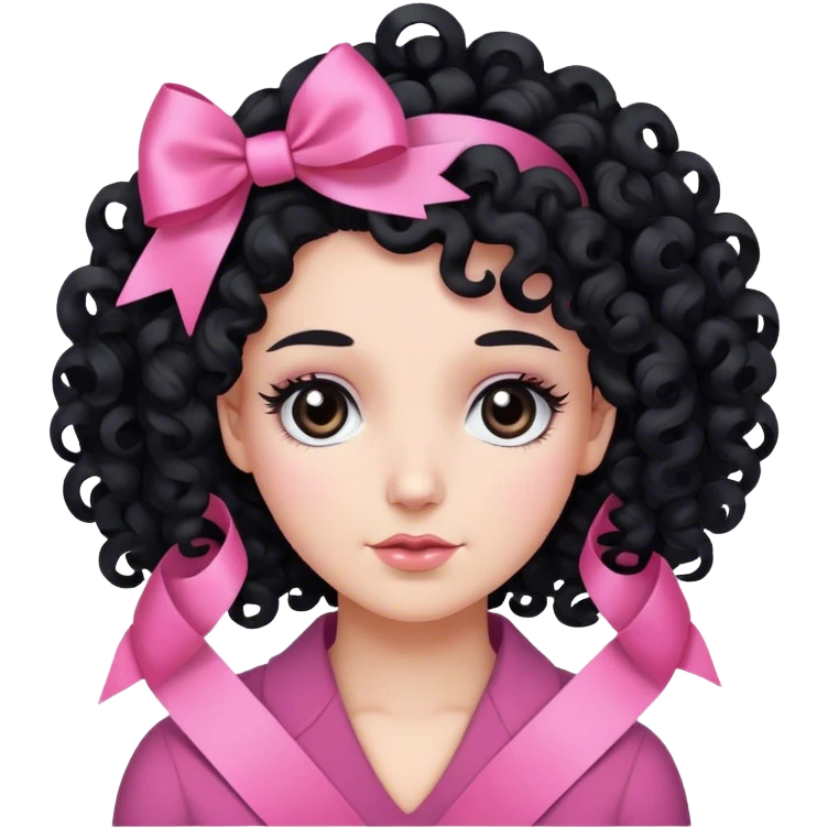 Kıvırcık siyah gözlü beyaz tenli kadın saçında pembe kurdele emoji