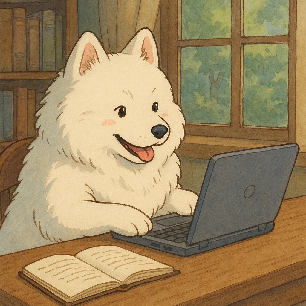 Samoyed writing a novel using a laptop emoji