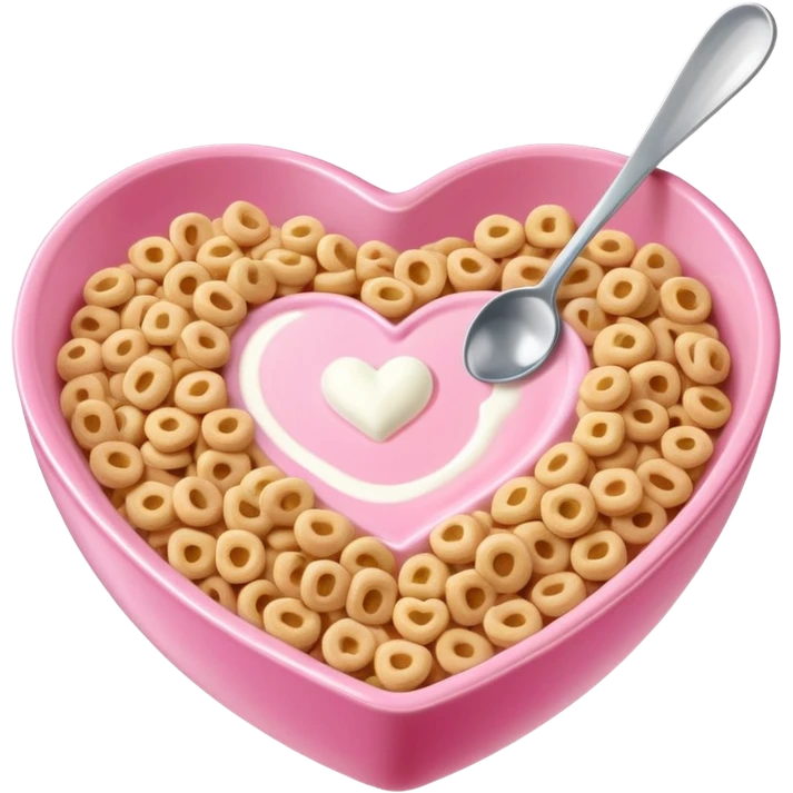 Letter cereal in a pink heart-shaped bowl with a small spoon in the cereal emoji