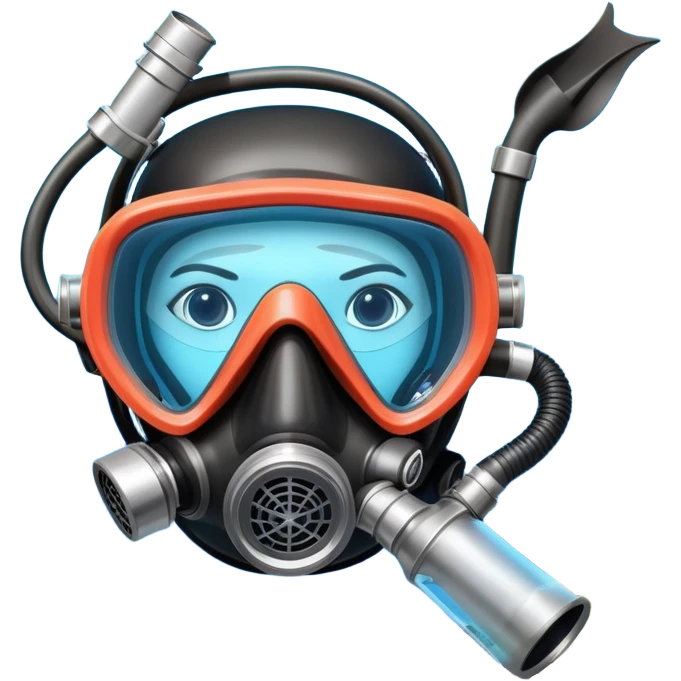 An icon featuring a close-up of a scuba diving mask, fins, and oxygen tank, with vibrant coral reefs and fish in the background. The design emphasizes the equipment and underwater beauty, symbolizing the thrill of exploring the deep sea. Transparent background highlights the serenity of the ocean. emoji