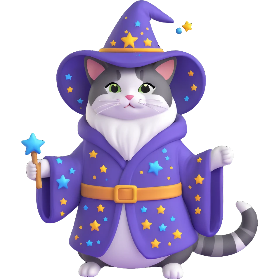 wizard cat with a starry robe and hat emoji