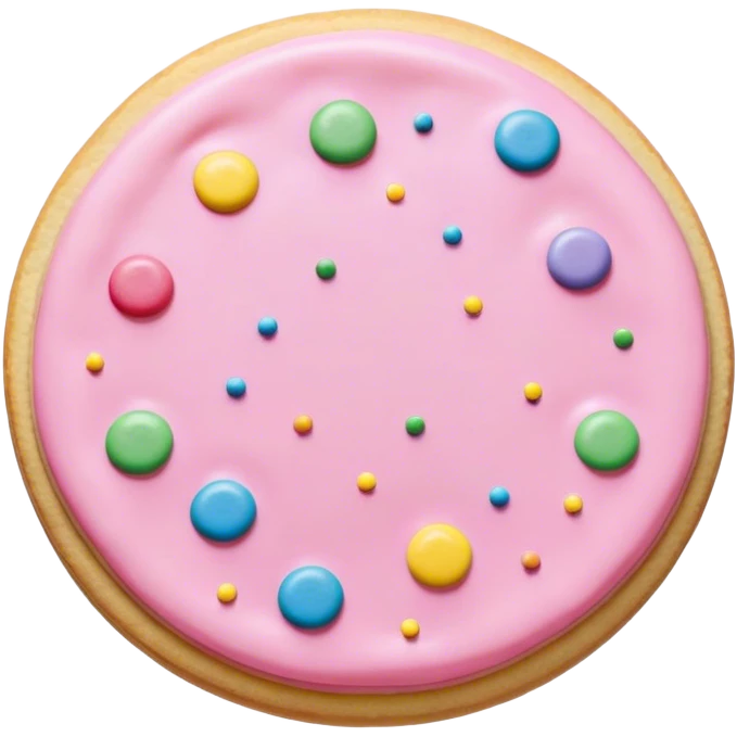 A sugar cookie with pastel pink icing and multicolor pastel sprinkles emoji