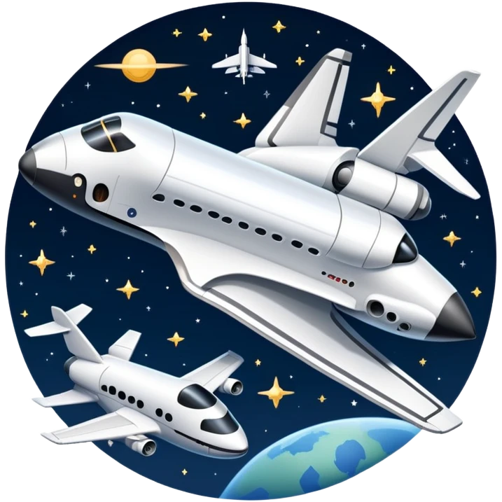 An icon featuring a space shuttle, a drone, and an airplane against a starry sky, symbolizing aerospace technology. The design includes rocket boosters and satellite orbits, representing the exploration of space and advanced aviation. Transparent background emoji