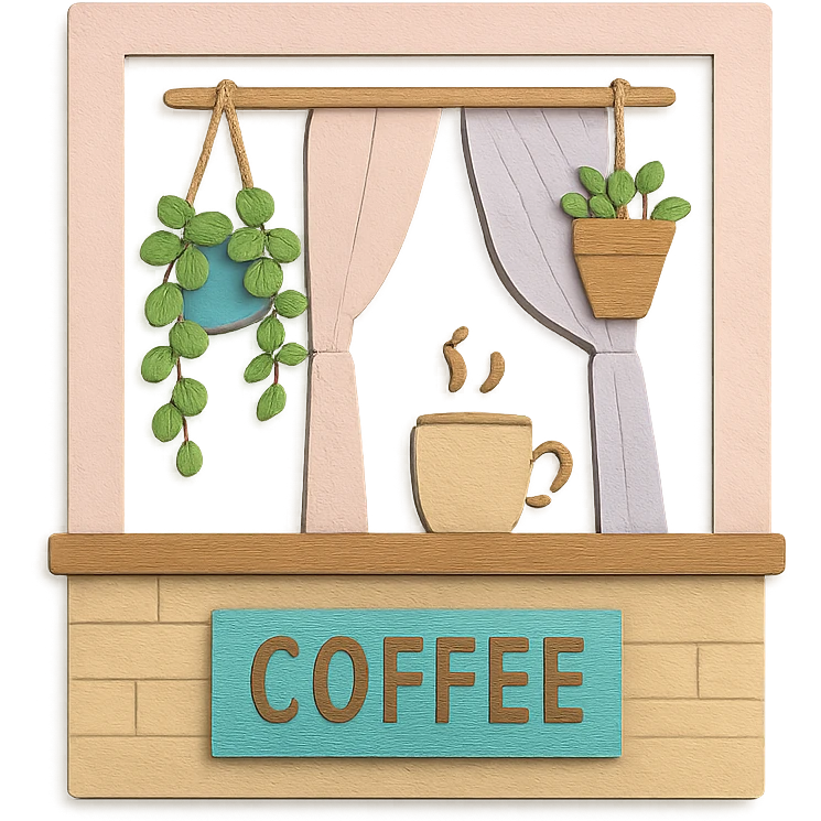 cute coffee shop window with hanging plants and pastel curtains, hand-drawn style emoji