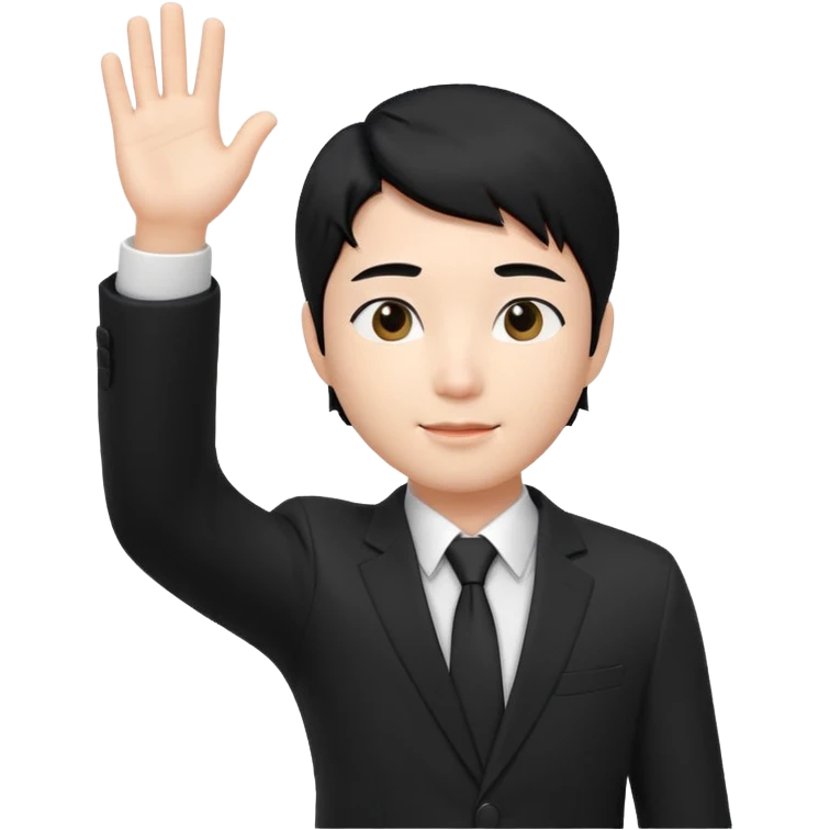 귀엽게 생긴 검정머리 피부하얀 한국 남자, 상반신 다 보이고, 한손 흔들고 있음, 검정색 정장, 흰색 와이셔츠 3D 생성 emoji