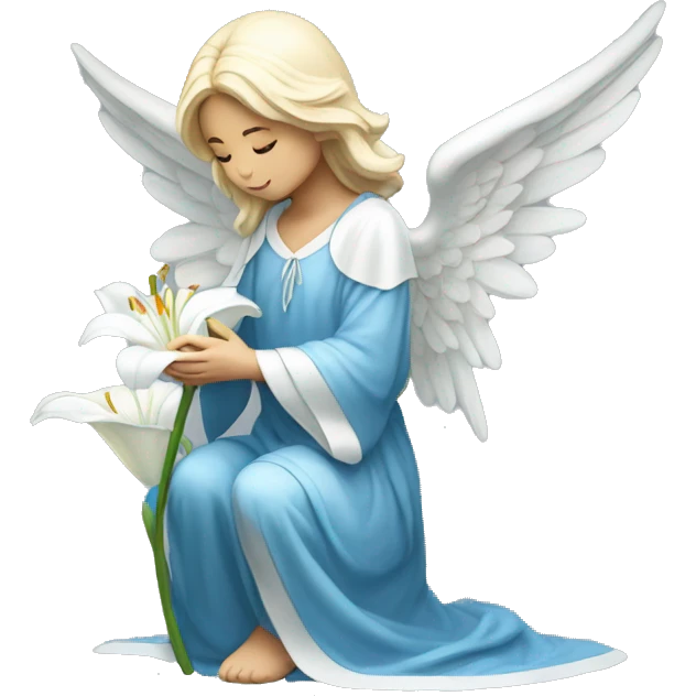 Angel in blue robe kneeling holding white lily emoji