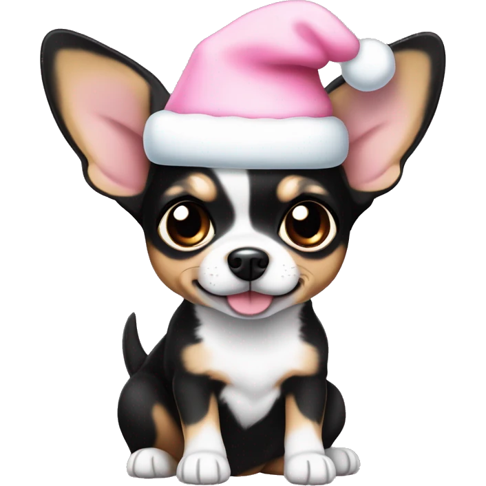 black & tan chihuahua puppy full body light blue eyes pink christmas hat on emoji