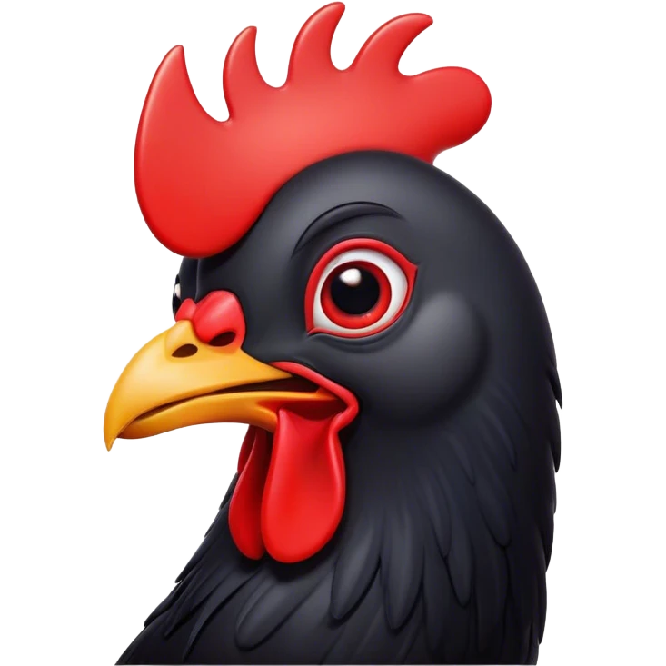 Cinematic Comical Black Chicken Portrait Emoji, Head tilted dramatically with an exaggeratedly amused expression, featuring a sleek, glossy black plumage with a bold red comb, wide, expressive beady eyes filled with playful disbelief, Simplified yet hilariously expressive features, highly detailed, glowing with a slightly sassy glow, high shine, dramatic yet playful, stylized with an air of cheeky mischief, bright and endearing, soft glowing outline, capturing the essence of a spirited and over-the-top chicken, so meme-worthy it feels like it could cluck its way into internet fame instantly! emoji