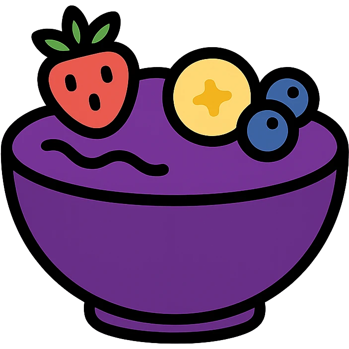 Mighty Purple acai bowl, minimal icon, purple bowl, simple fruit accents, clean look emoji