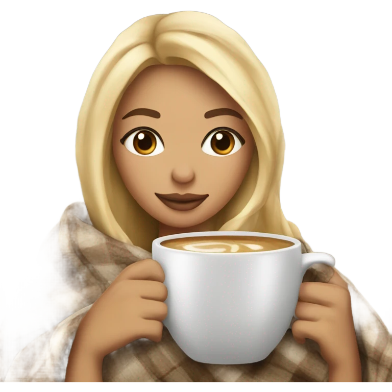 Beautiful woman,Blonde balayage hair, sipping coffee under blanket in bed emoji