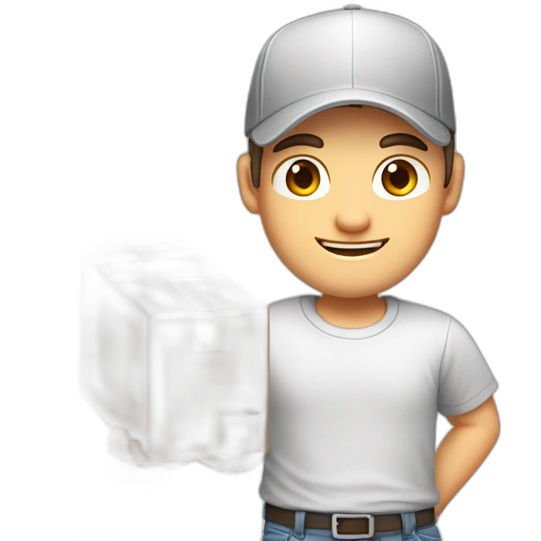 Pale skinned fit Man with dark brown hair in a white cap, gray jeans and gray polo T-shirt keeping a pasted box into his hands emoji