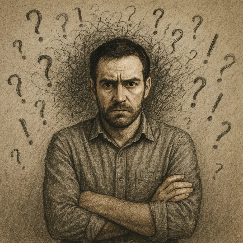 Realistic or illustrative style image of a 30-year-old man suffering from anxiety, inspired by the reference image. The man is standing with crossed arms and a tense gaze. The background features symbols of anxiety and confusion, conveying an atmosphere of mental tension. emoji