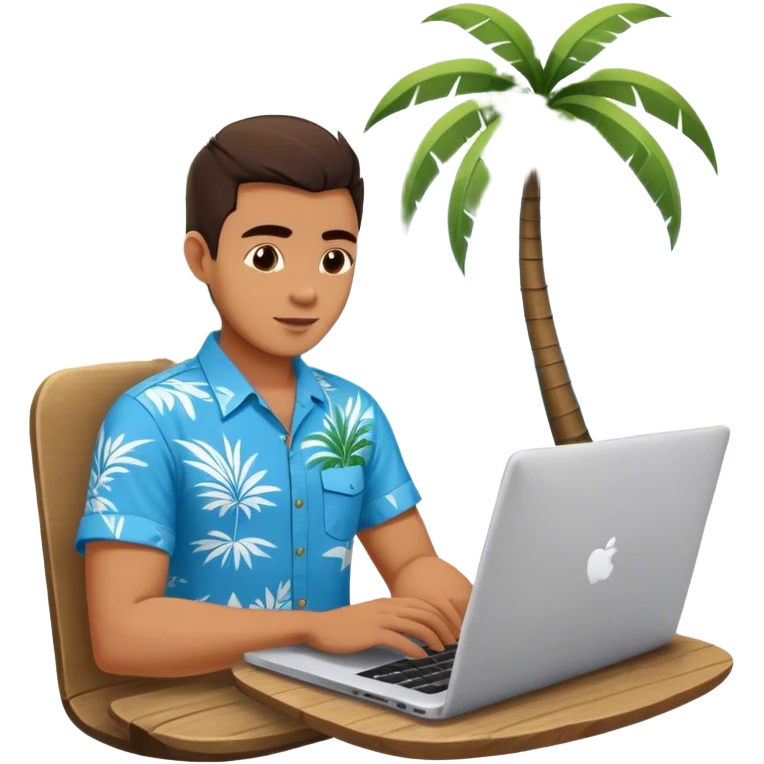 A digital nomad in bali working on a laptop wearing a tropical blue shirt with a palm tree on the side emoji