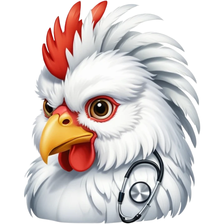 A White Silkie Bantam rooster wearing a doctor's stethoscope. The head feathers look like a large, fluffy wig. emoji