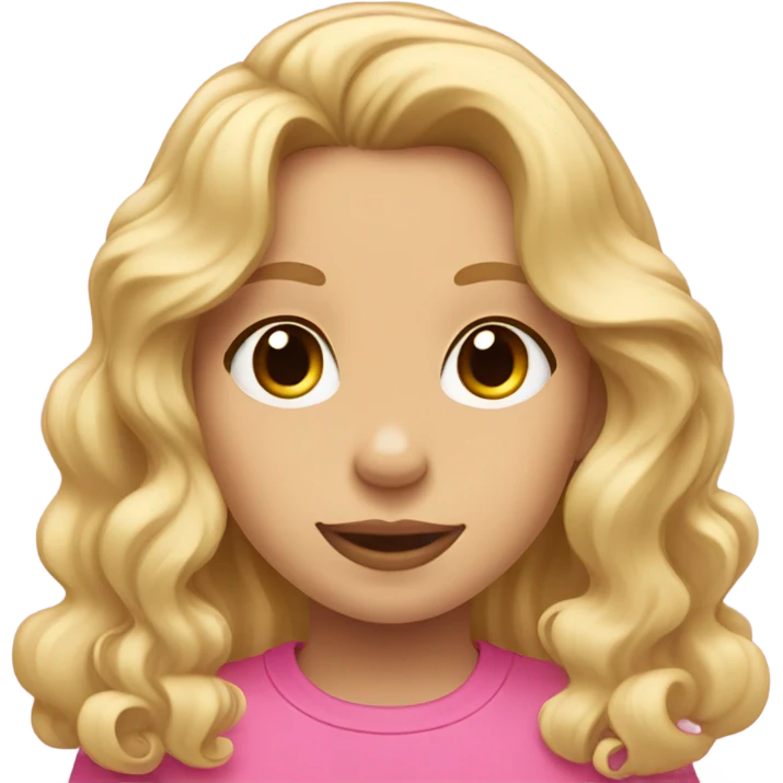 Blonde girl with wavy hair wearing a pink shirt with a blonde cocker spaniel emoji