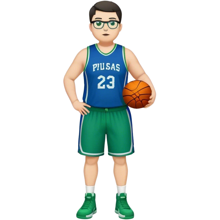 Full Body plus size white male with dark short hair basketball player wearing glasses wearing blue green uniform emoji