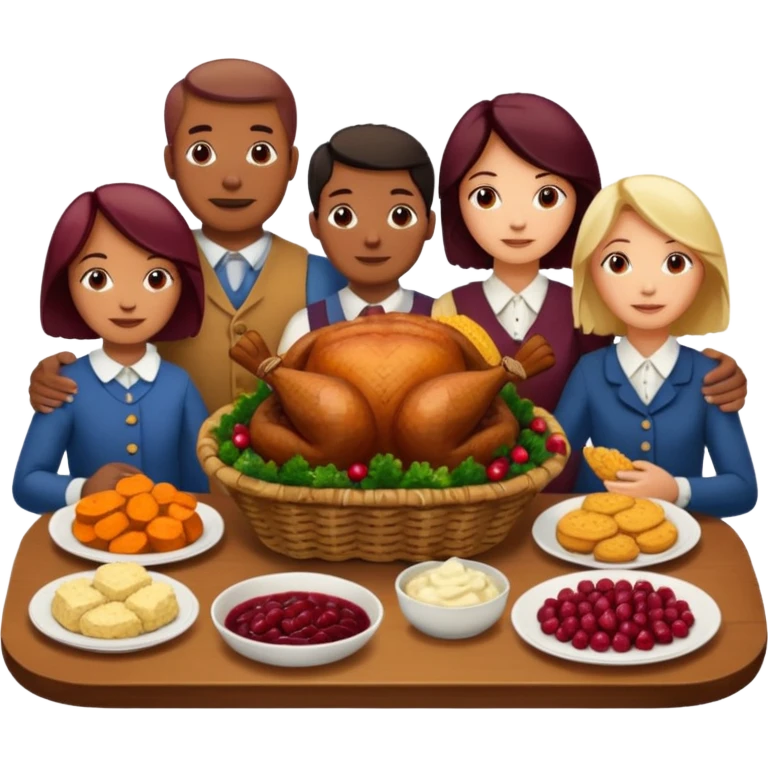 Thanksgiving Dinner with 10 people of different skin color around the table; have the food be a cooked turkey, mashed potatoes, corn, a basket of biscuits, a small bowl of cranberry sauce, baked yams, steamed vegetables, and a bottle of wine. emoji