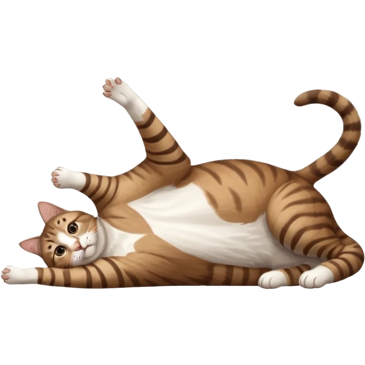 brown tabby and white cat with doing a big extremely long stretch reaching up into the air with arms and legs side by side together straight and overextended whilst lying on its side emoji