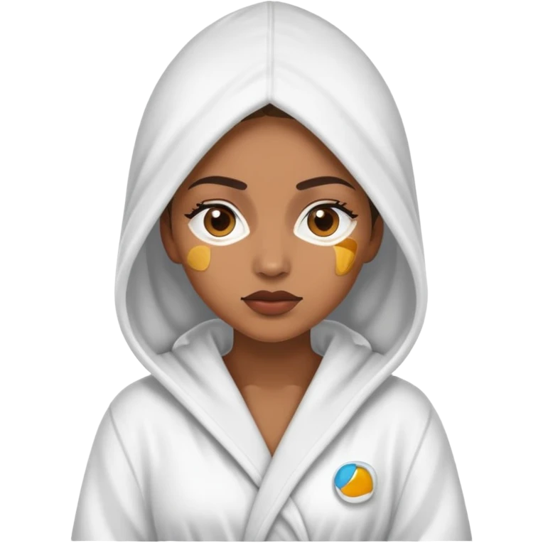 Light brown skin woman wearing hooded bath robe covering hair with under eye patches on emoji
