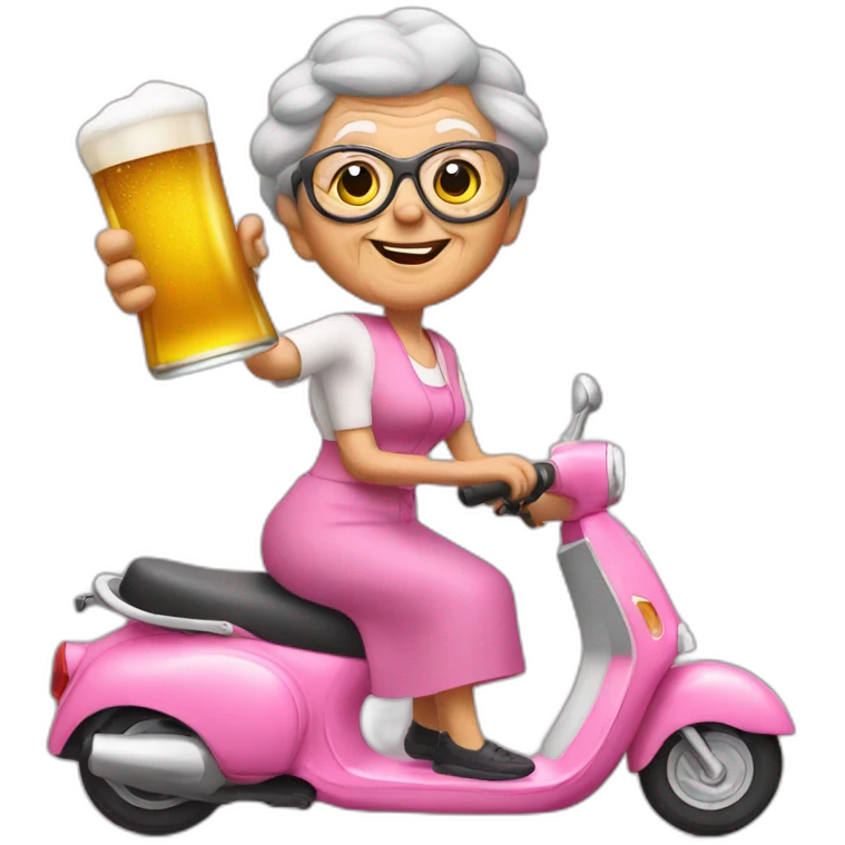 a granny with a beer on a pink scooter emoji
