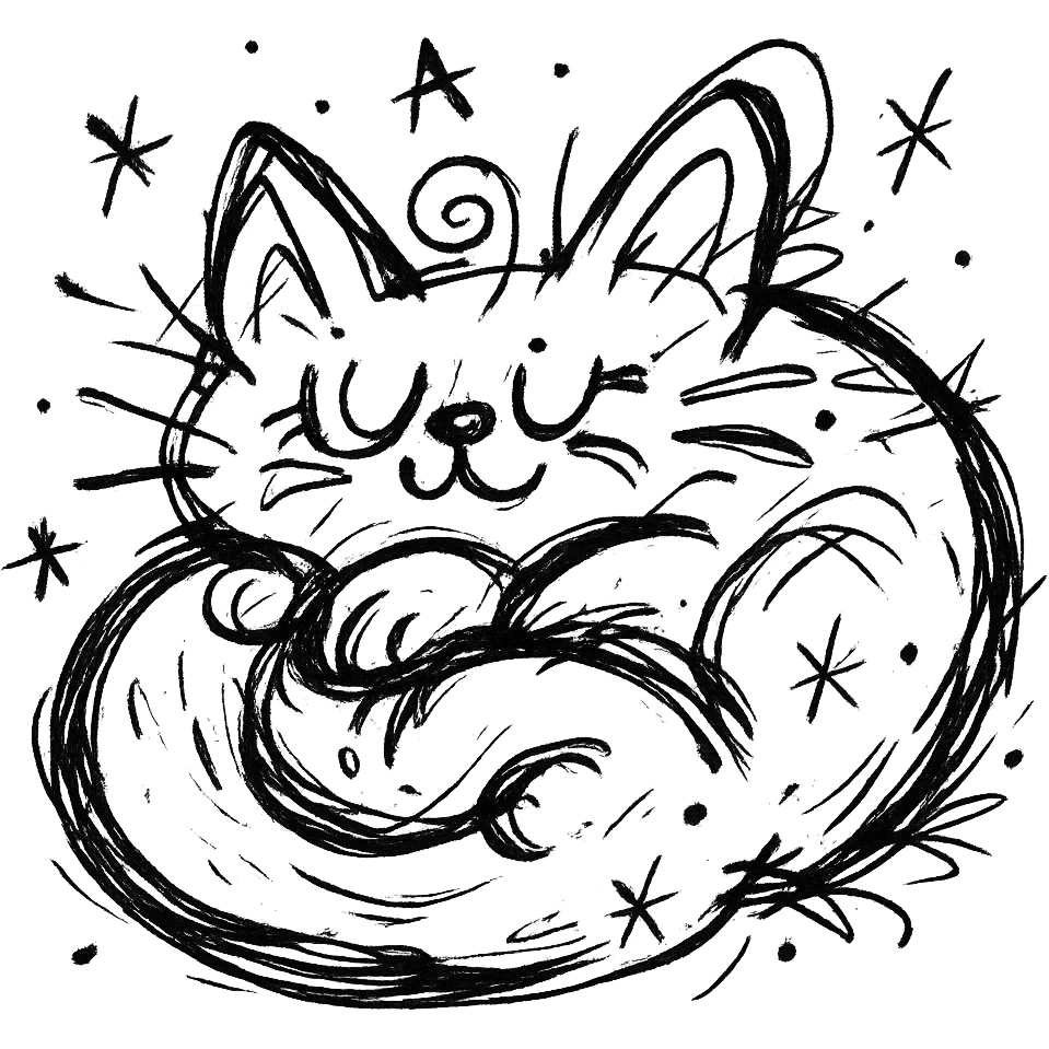 chaotic outlined icon of a cute cat curled up and purring, with exaggerated, whimsical features emoji