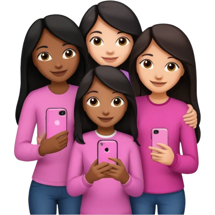 3 brown girl friends with a phone on their hand, one with black long hair light skin,  one with brown hair long and the other one with black with brown medium length hair . Wearing pink glammed up and hugging  emoji