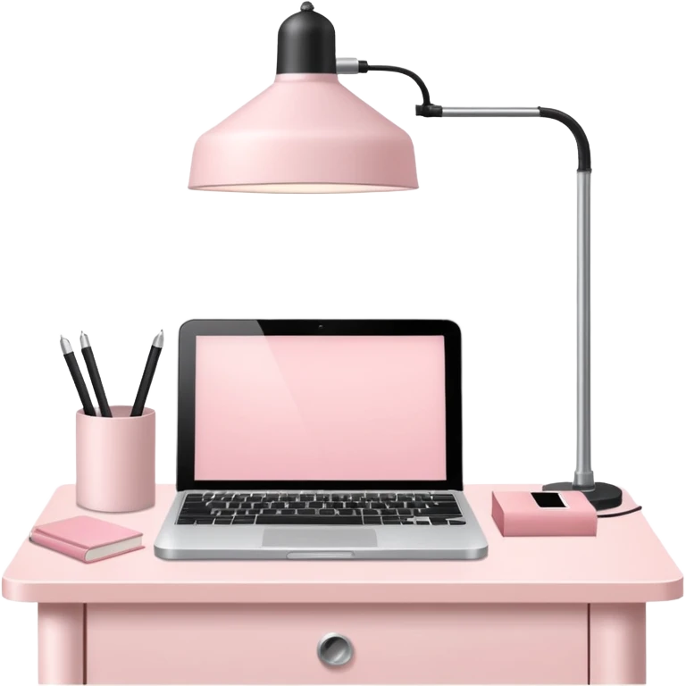 Pale Pink  Big Workstation and Light Pale Pink book and Light Pale Pink table lamp and Light Pale Pink computer for Lease emoji